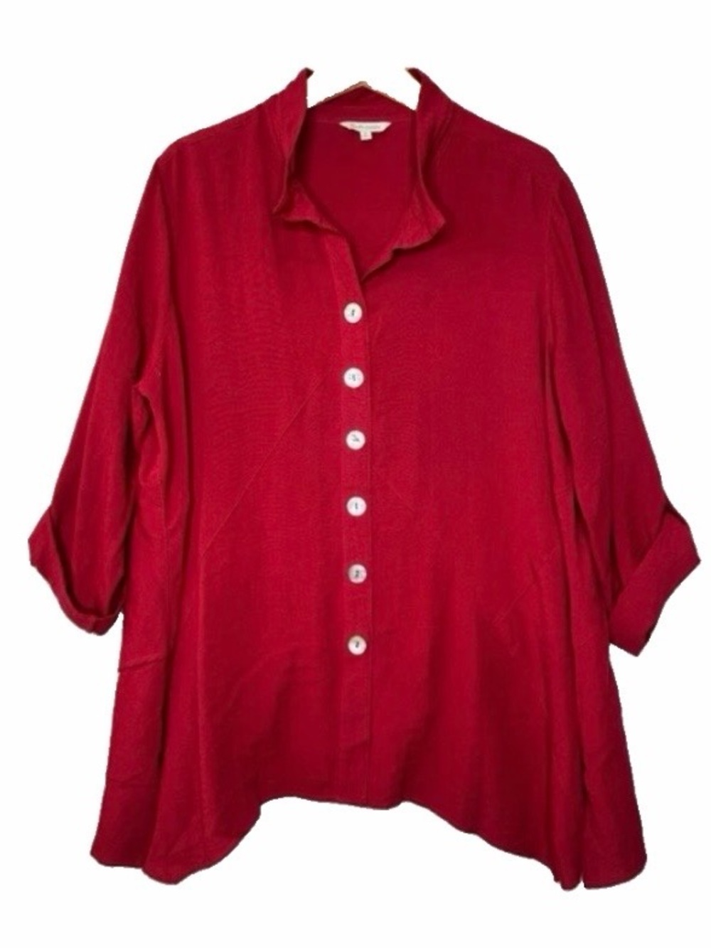 John Mark Button Up Tunic Top XL Wine Red Wired Collar Sharkbite Hem Lagenlook